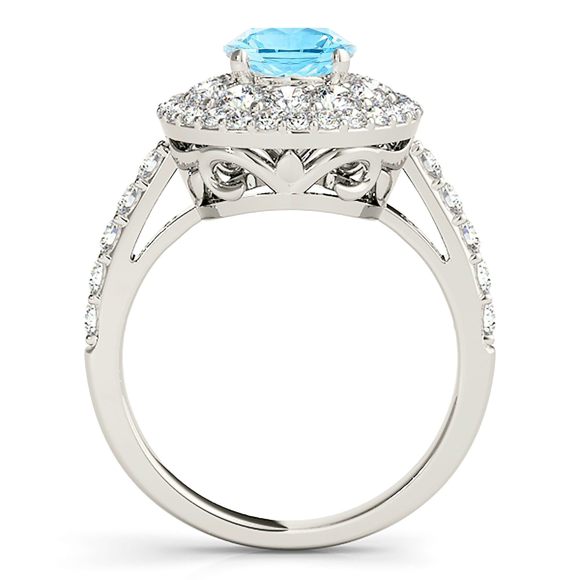 1.10 ct. Genuine Aquamarine Ring With 1.00 ctw. Diamond Double Row Halo And Delicate Diamond band | Round Blue Aquamarine Halo Ring-VIRABYANI